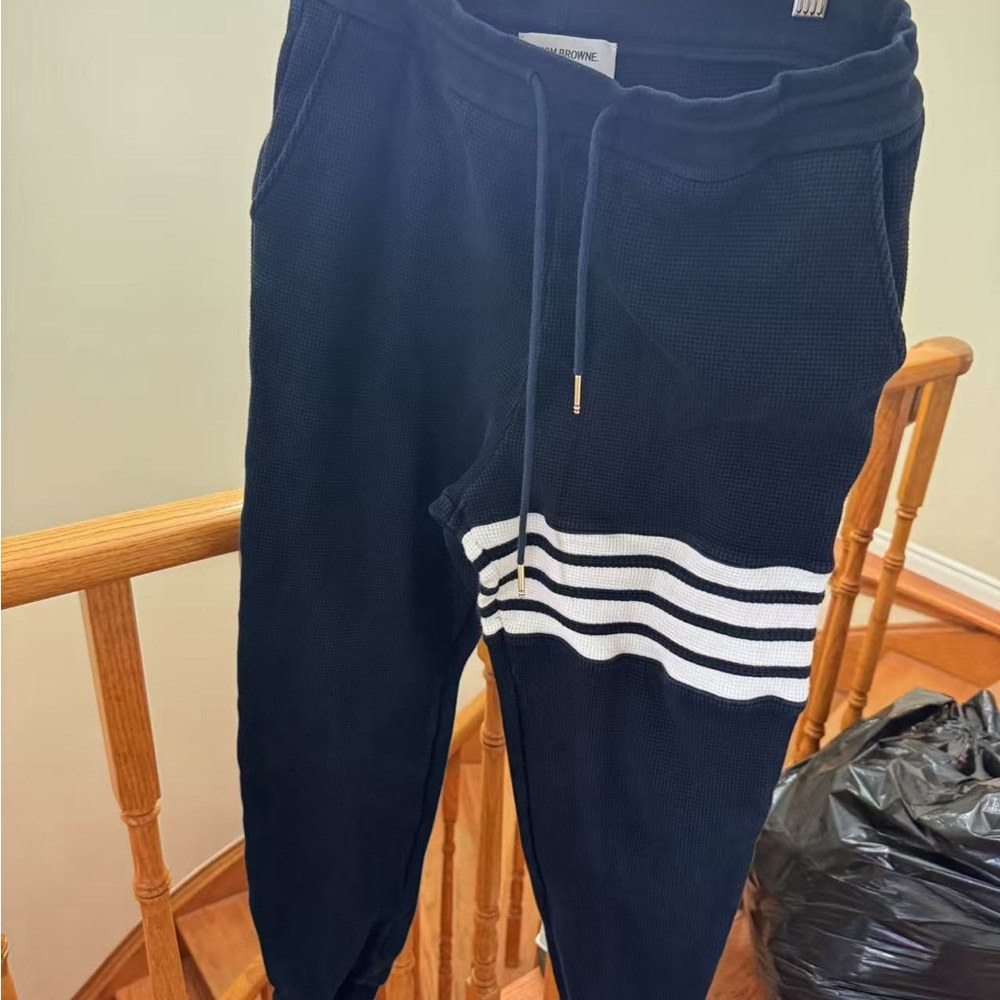 Thom Browne Navy Joggers with White Stripes